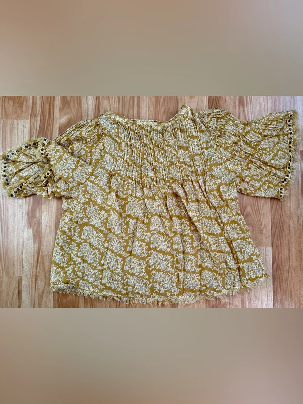 Anthropologie Mustard Yellow Floral V-Neck Boho Blouse
